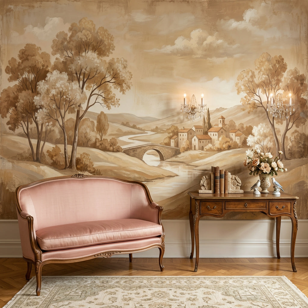 Pastoral Landscape Wallpaper Sepia Countryside Winding River Wall Mural