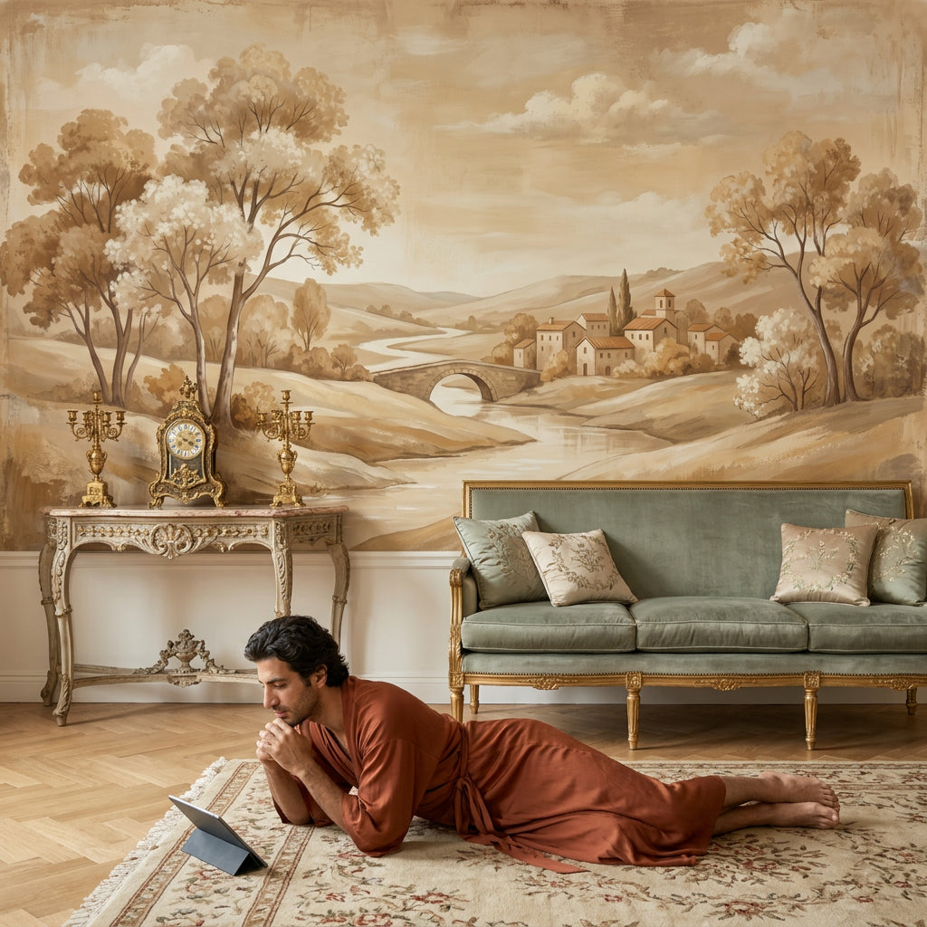Pastoral Landscape Wallpaper Sepia Countryside Winding River Wall Mural