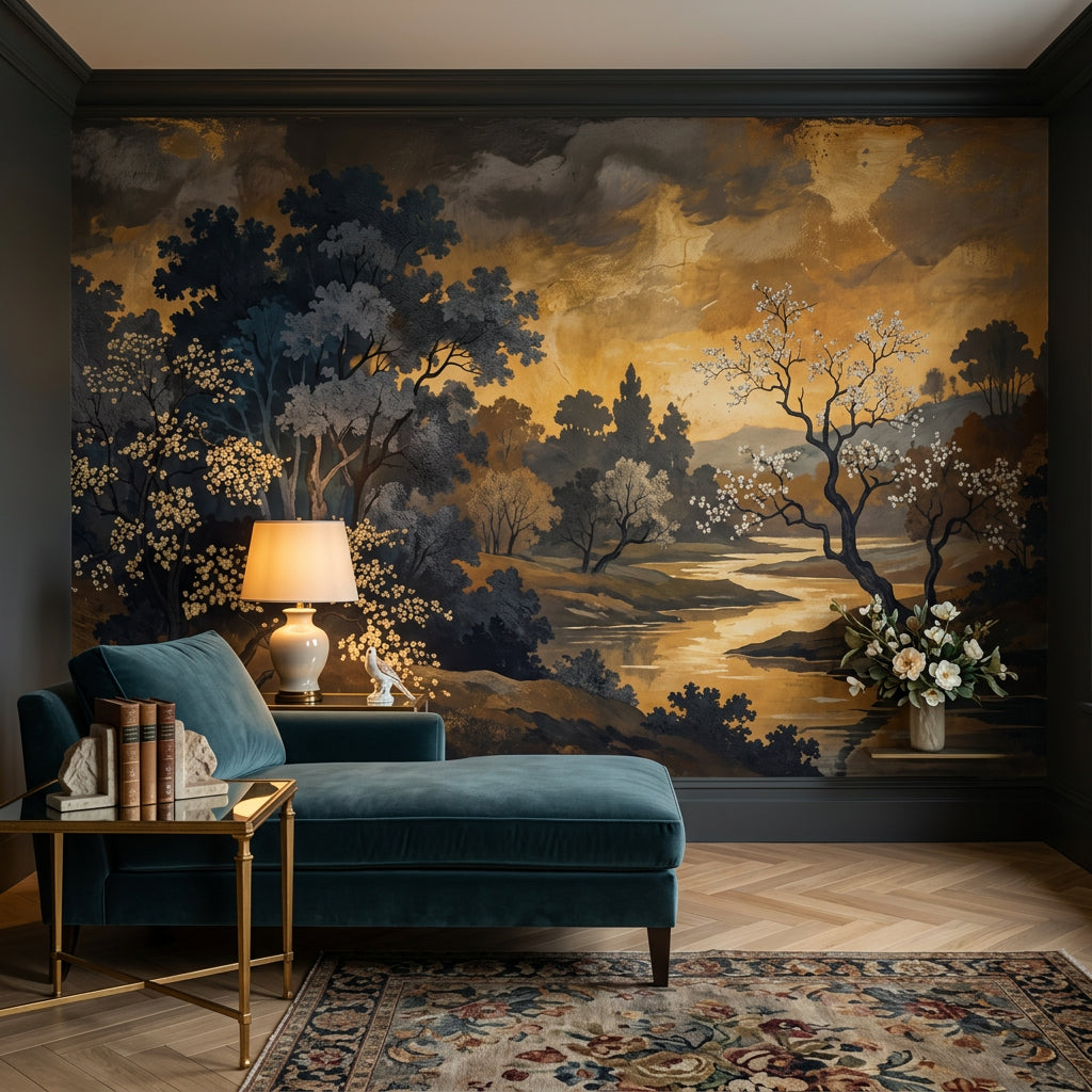 Dark Landscape Wallpaper Winding River Flowering Trees Removable Wall Decor