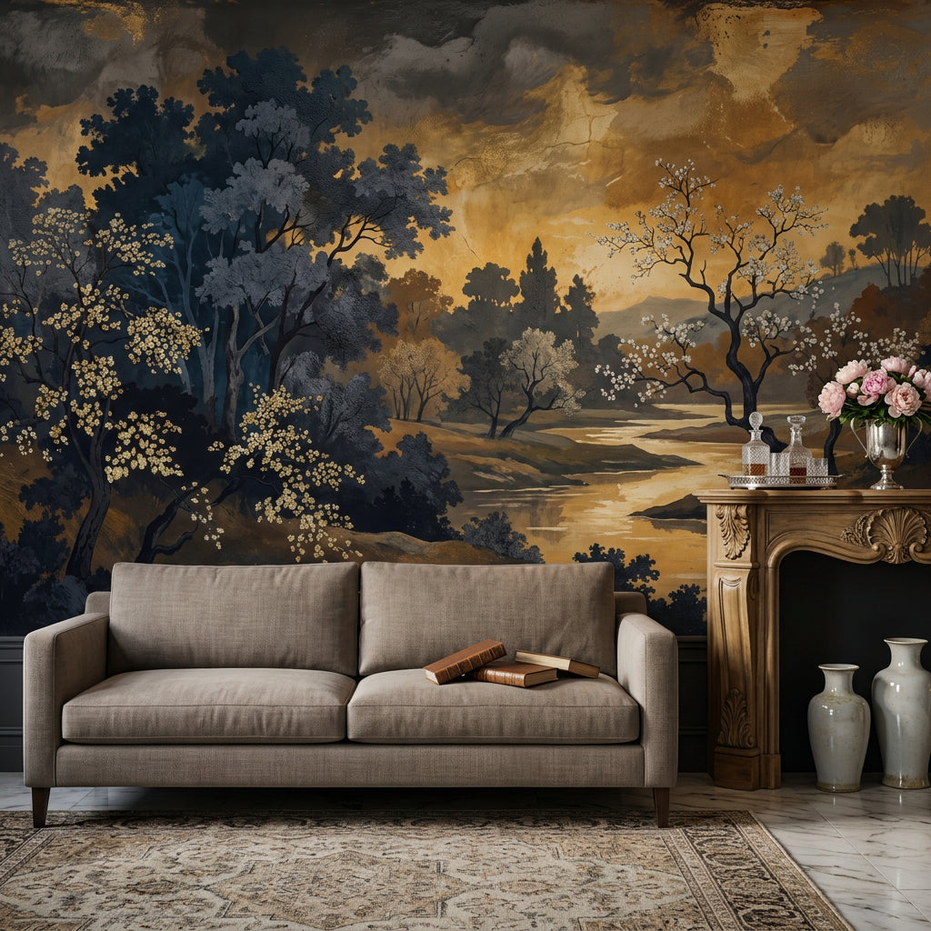 Dark Landscape Wallpaper Winding River Flowering Trees Removable Wall Decor