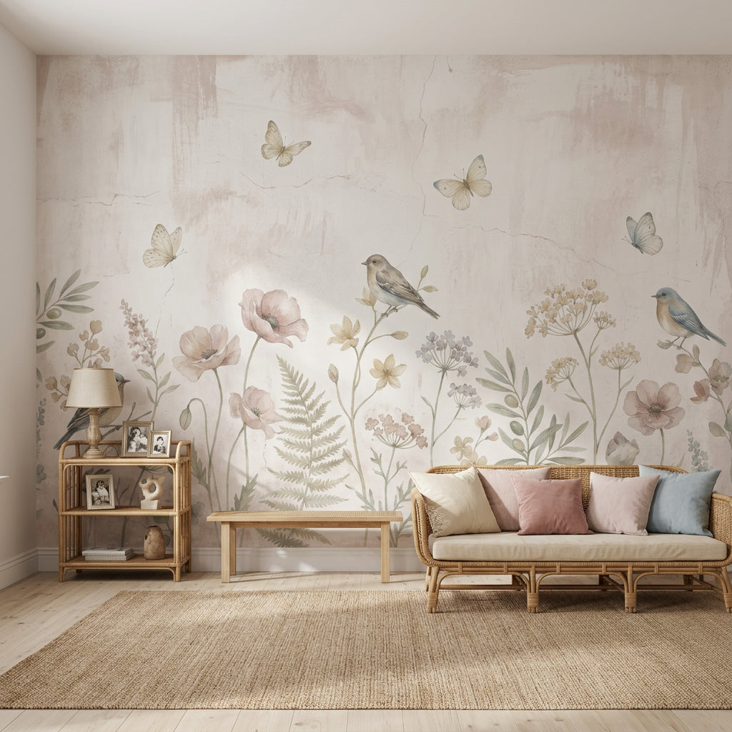 Pastel Floral Wallpaper Wildflower Meadow Birds Removable Wall Decor