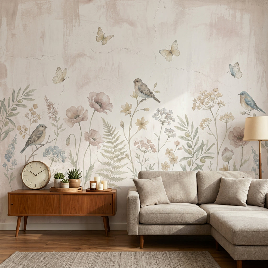 Pastel Floral Wallpaper Wildflower Meadow Birds Removable Wall Decor