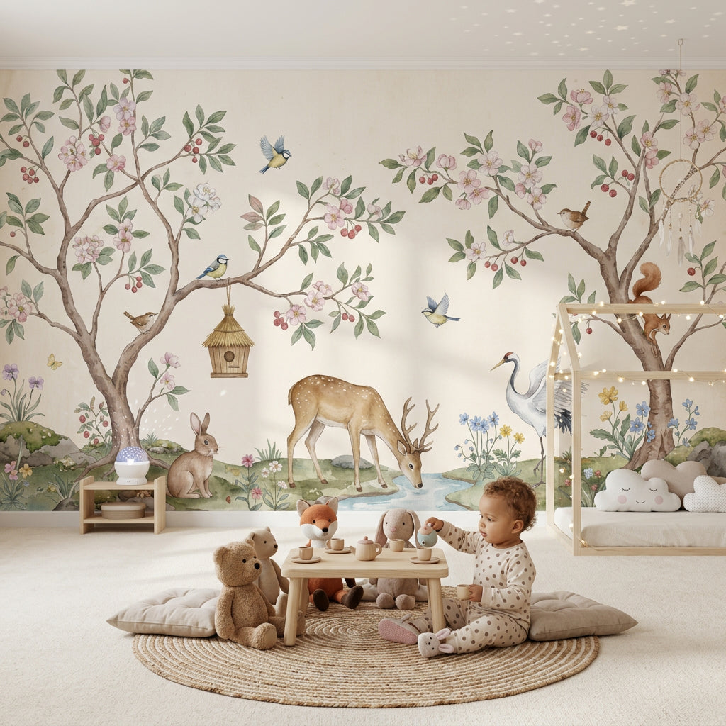 Woodland Landscape Wallpaper Watercolor Blossoming Trees Wall Mural