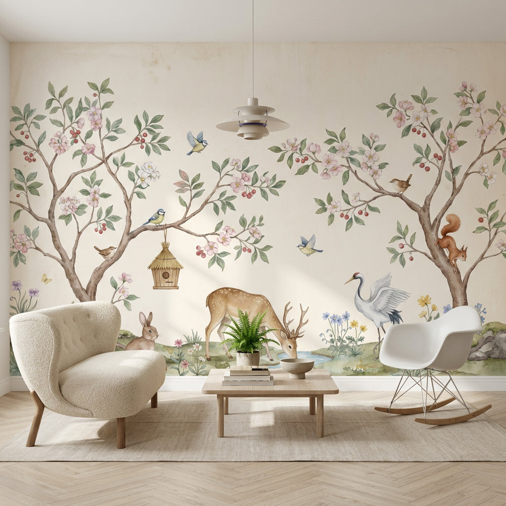 Woodland Landscape Wallpaper Watercolor Blossoming Trees Wall Mural
