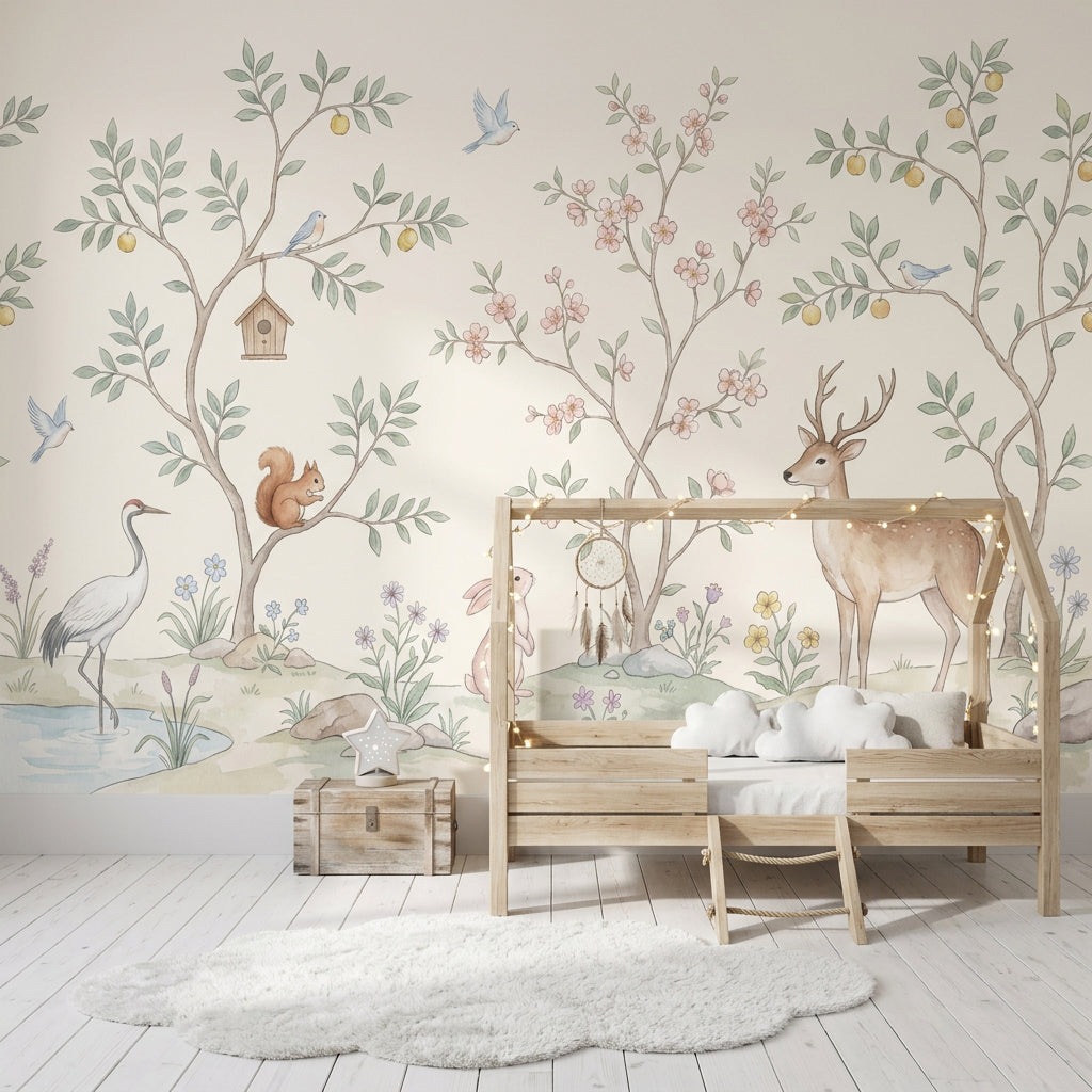 Woodland Animals Wallpaper Watercolor Whimsical Landscape Wall Mural