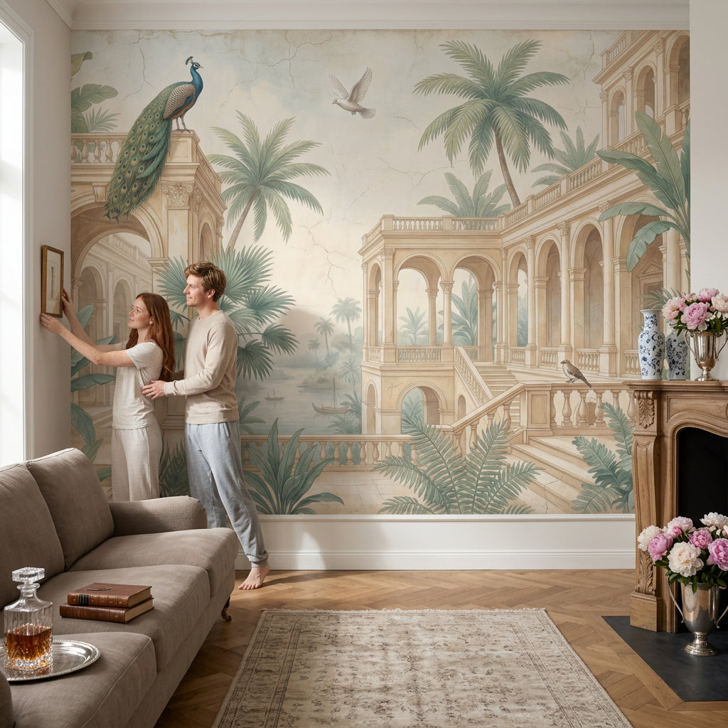 Classical Arches Wallpaper Tropical Palms Peacock Removable Wall Decor