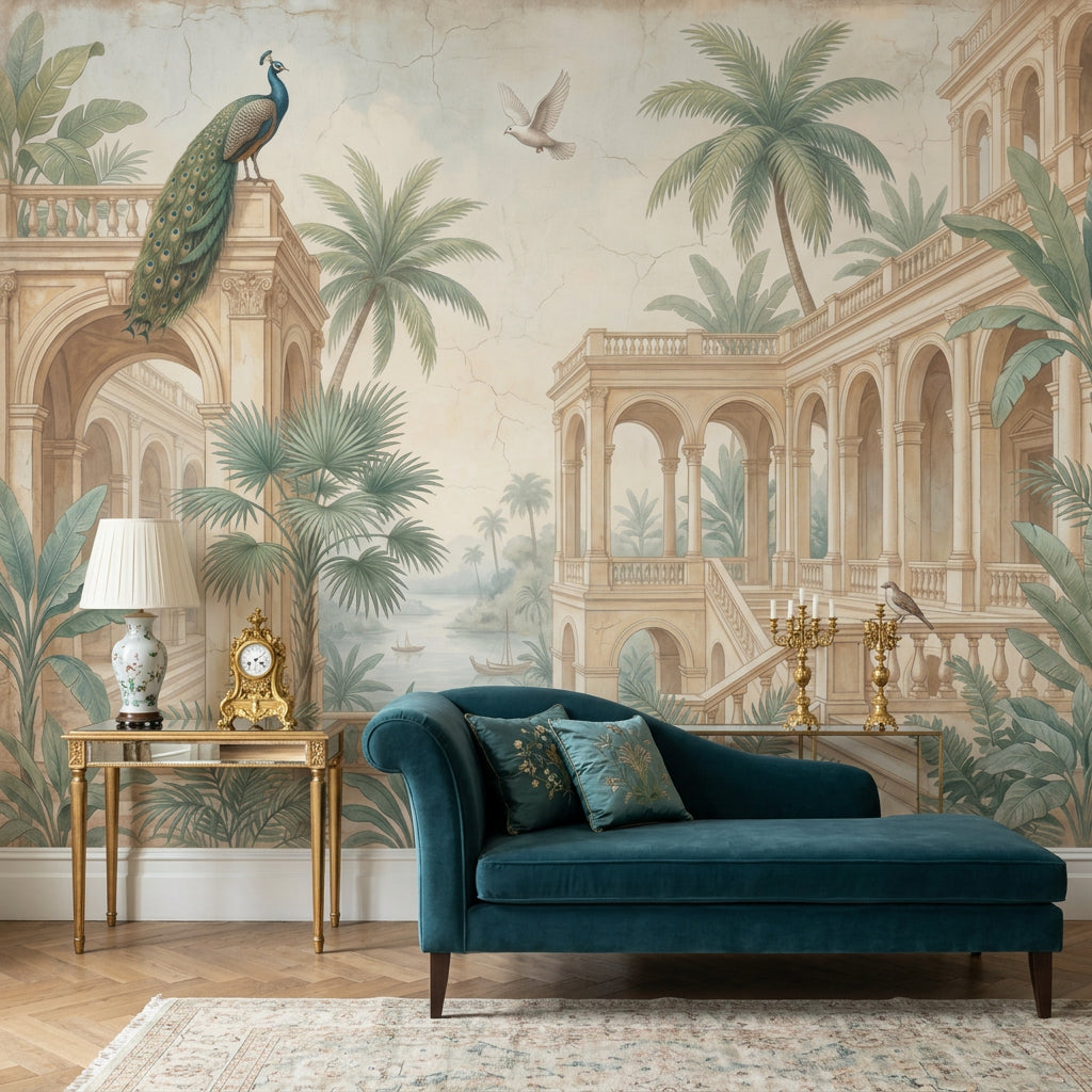 Classical Arches Wallpaper Tropical Palms Peacock Removable Wall Decor