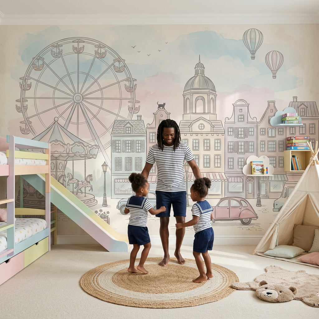 European Town Wallpaper Ferris Wheel Cityscape Removable Wall Decor