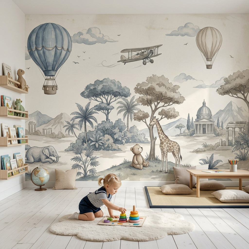 Whimsical Landscape Wallpaper Watercolor Hot Air Balloons Wall Mural
