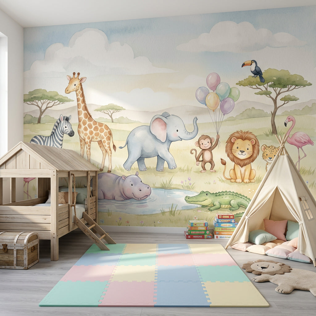Safari Animals Wallpaper Savanna Landscape Watercolor Removable Wall Decor