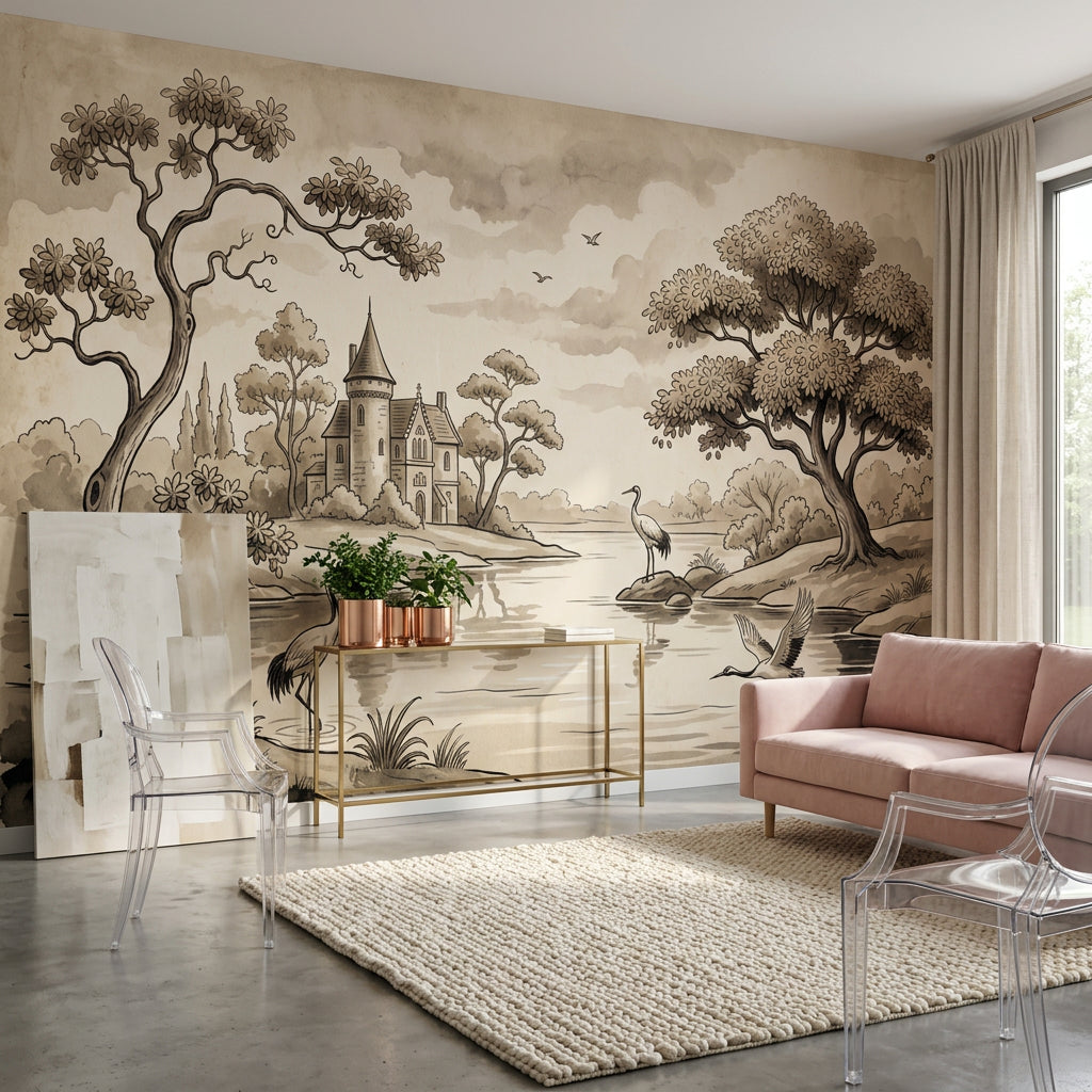 Sepia Landscape Wallpaper Toile Illustration River Scene Removable Wall Decor