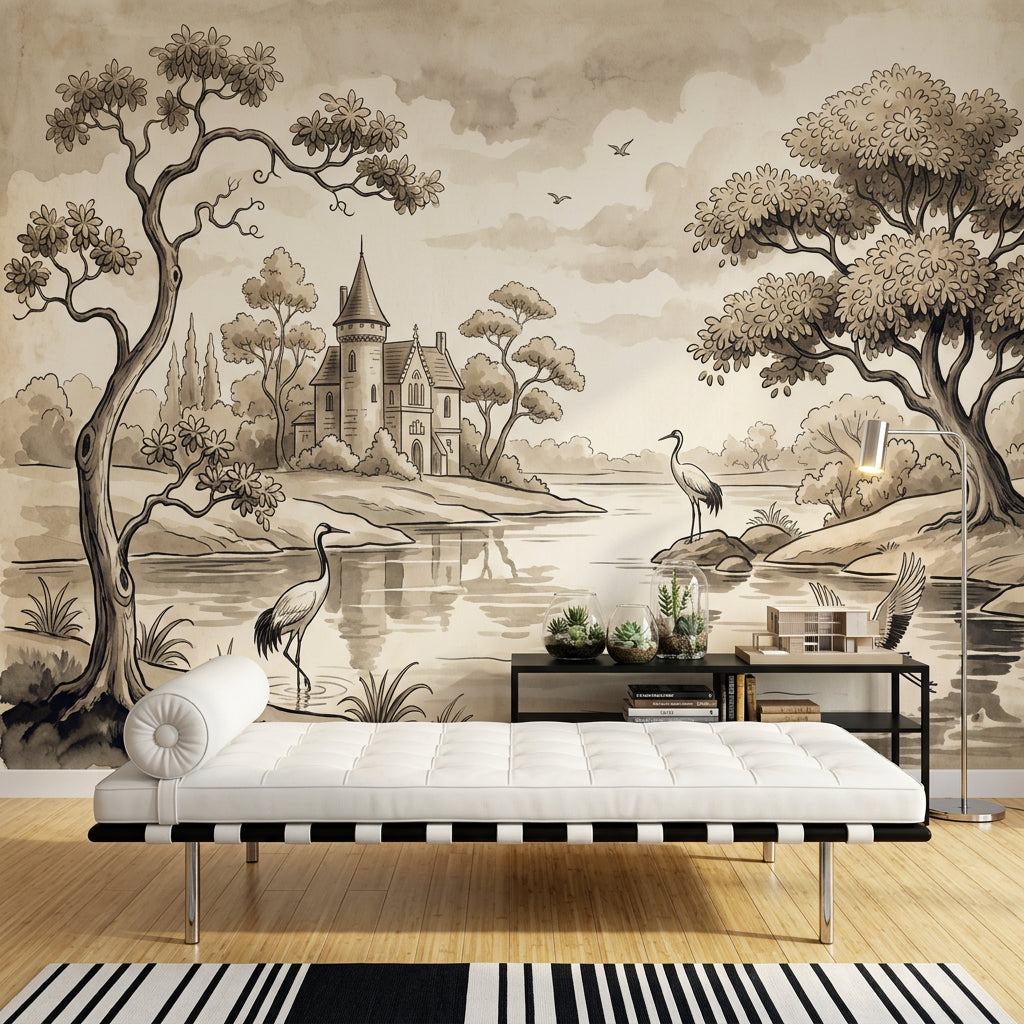 Sepia Landscape Wallpaper Toile Illustration River Scene Removable Wall Decor