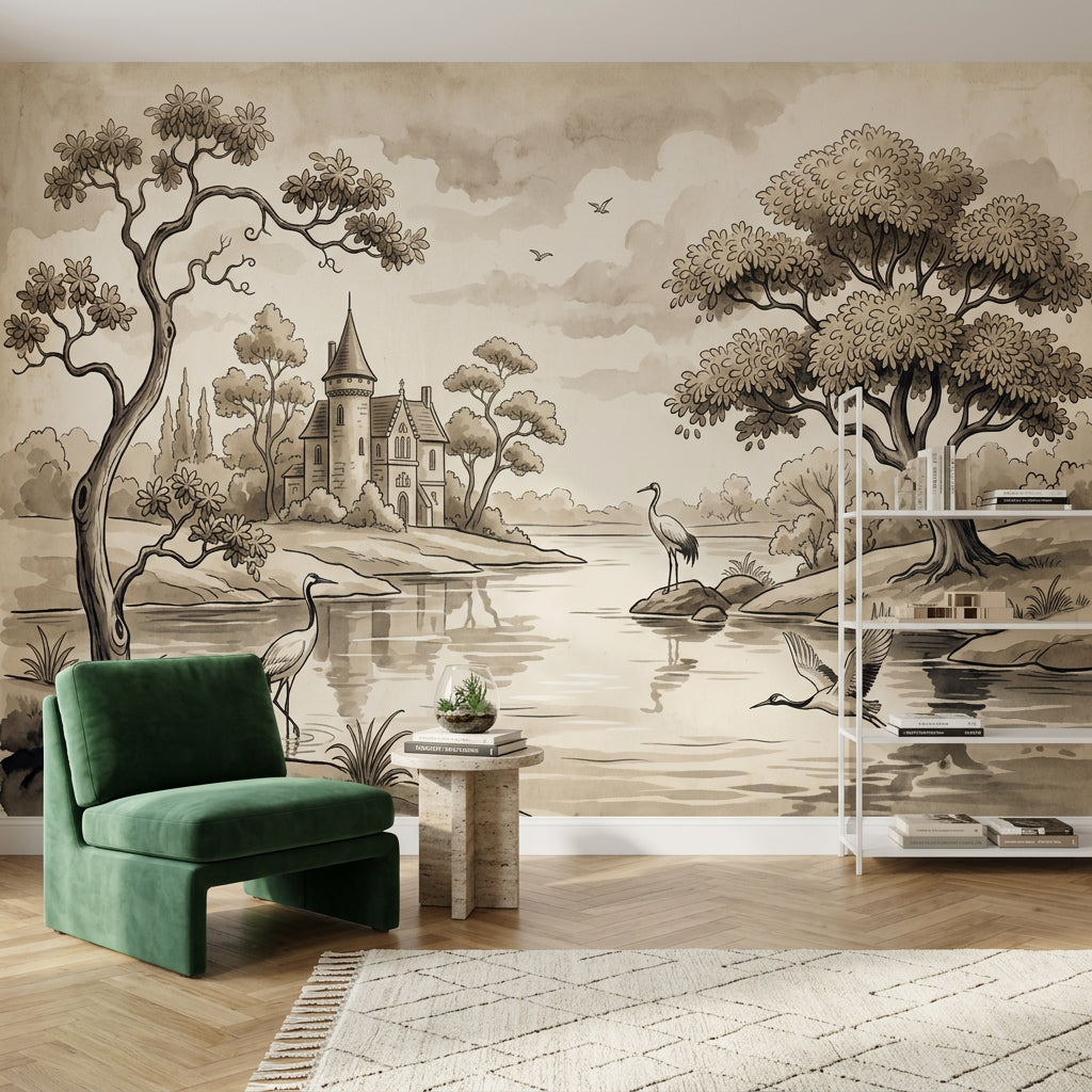 Sepia Landscape Wallpaper Toile Illustration River Scene Removable Wall Decor
