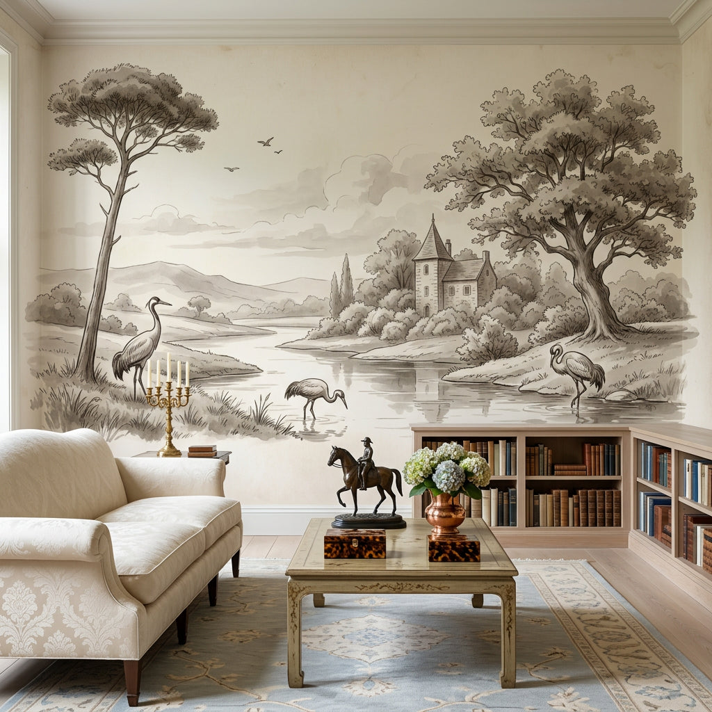 Vintage Illustration Wallpaper Landscape River Wall Mural