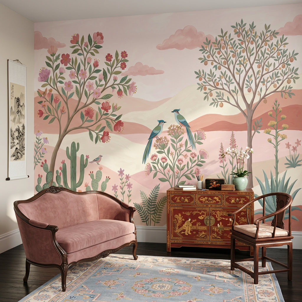 Pastel Desert Landscape Wallpaper Floral Botanical Removable Birds Wall Decor
