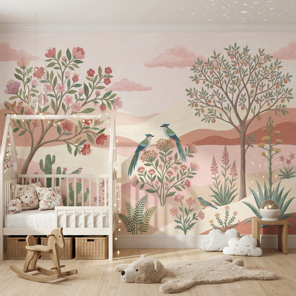 Pastel Desert Landscape Wallpaper Floral Botanical Removable Birds Wall Decor