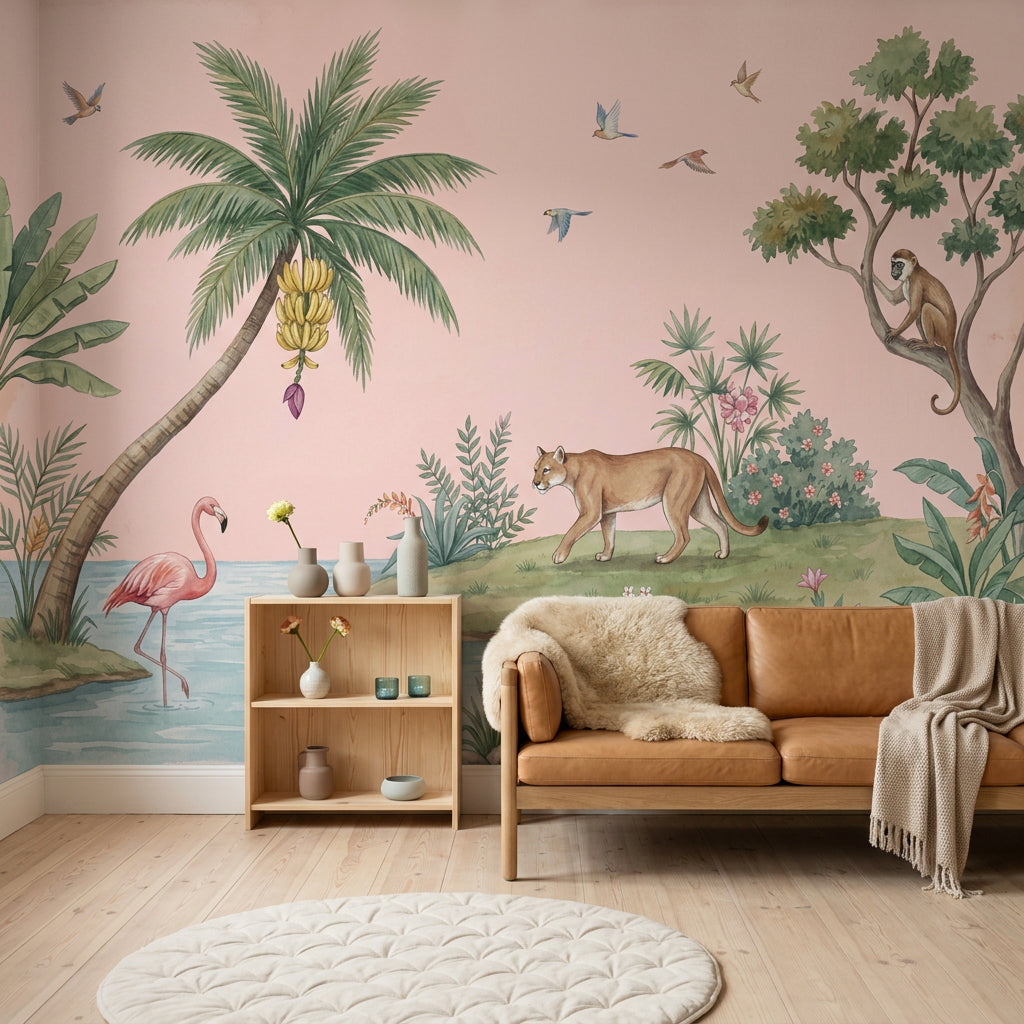 Tropical Landscape Wallpaper Watercolor Illustration Pink Background Removable Wall Decor