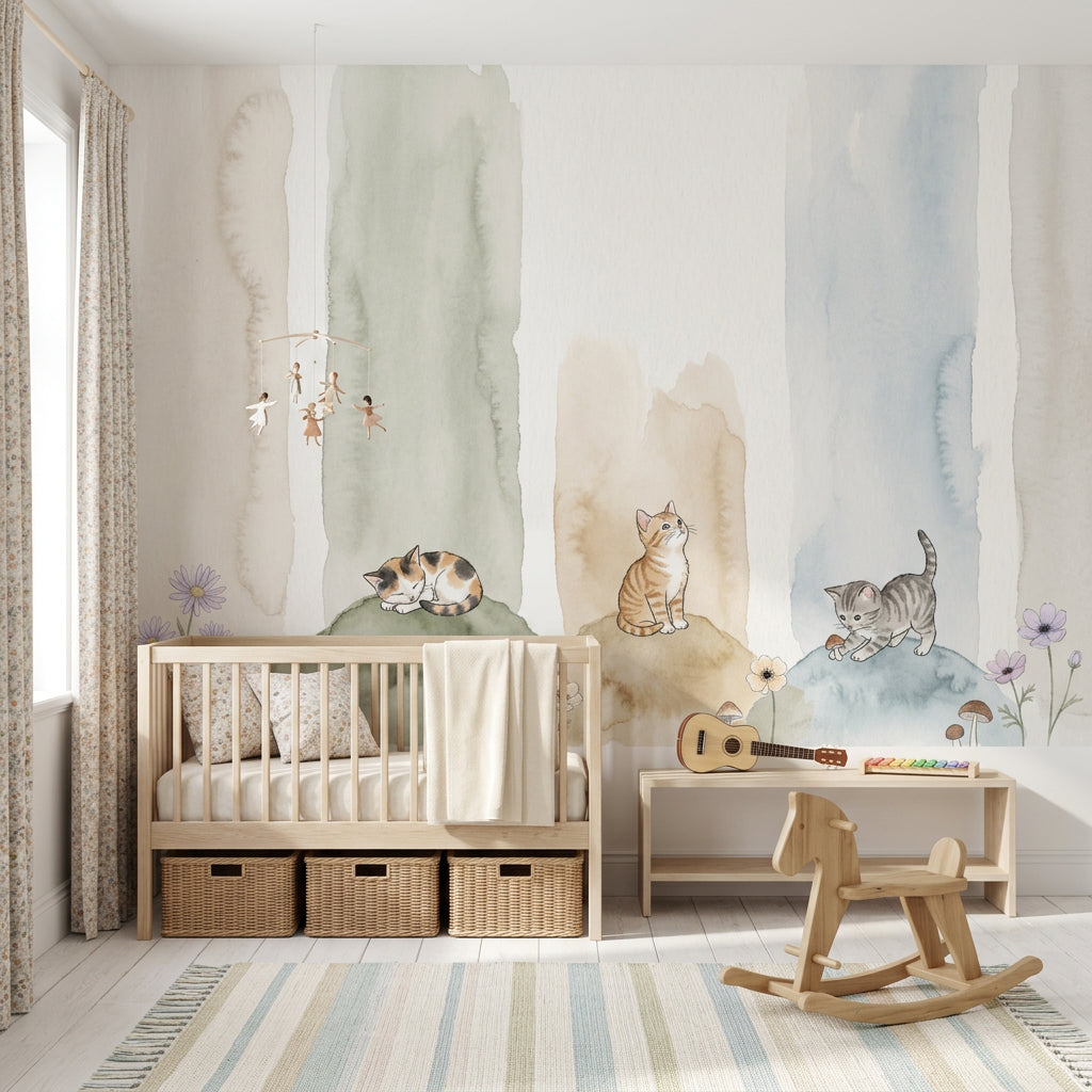 Kittens Wallpaper Watercolor Removable Pastel Wall Decor