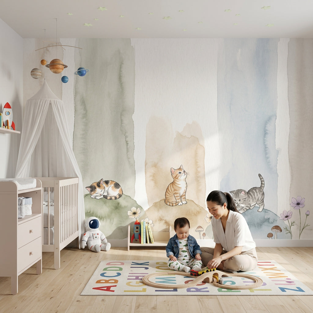 Kittens Wallpaper Watercolor Removable Pastel Wall Decor