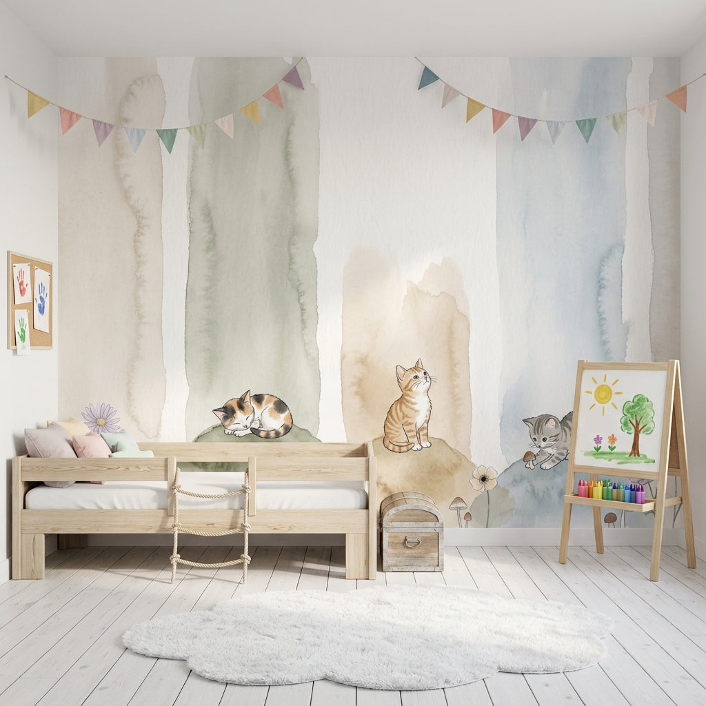Kittens Wallpaper Watercolor Removable Pastel Wall Decor