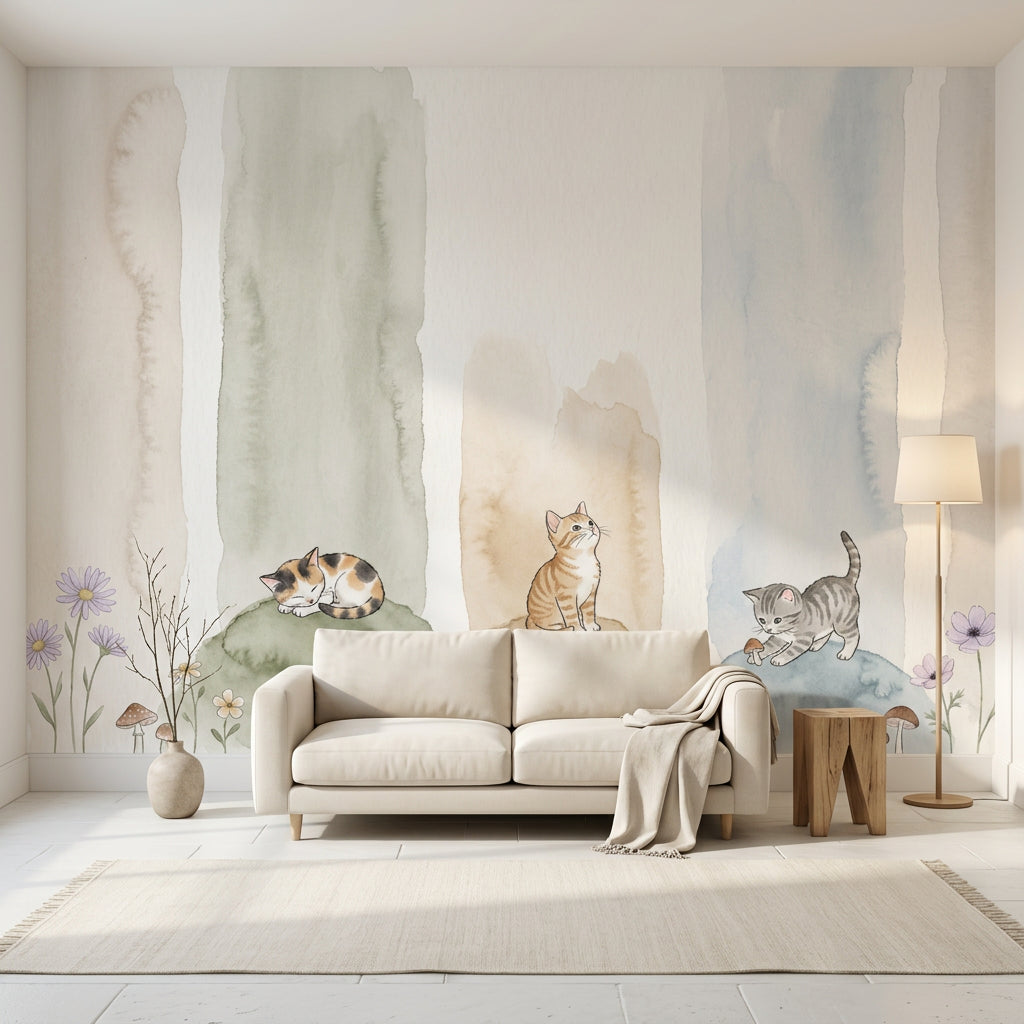 Kittens Wallpaper Watercolor Removable Pastel Wall Decor