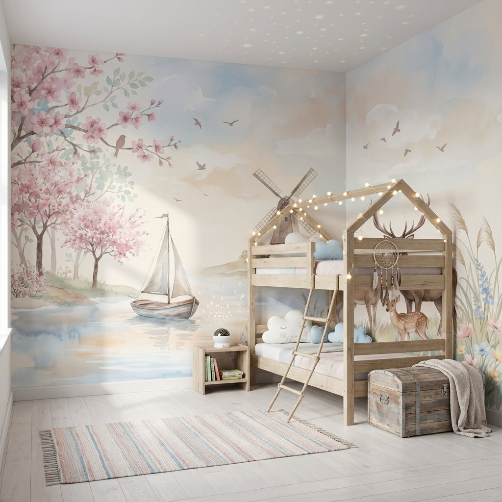 Spring Landscape Wallpaper Deer Family Removable Windmill Wall Decor