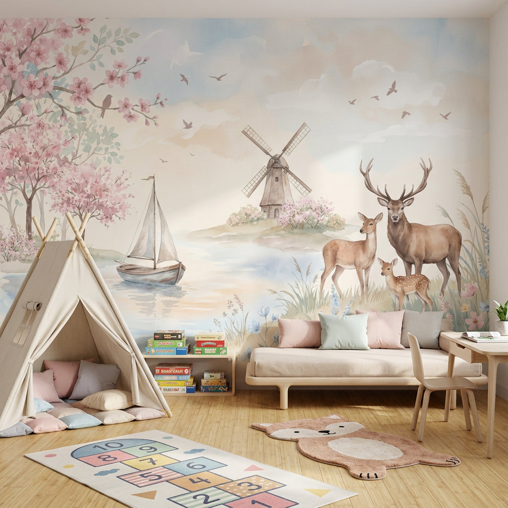 Spring Landscape Wallpaper Deer Family Removable Windmill Wall Decor