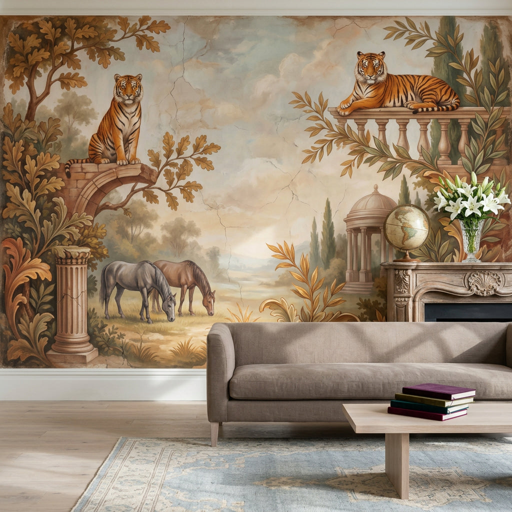Classical Landscape Mural Wallpaper Tigers Mediterranean Garden Removable Wall Decor
