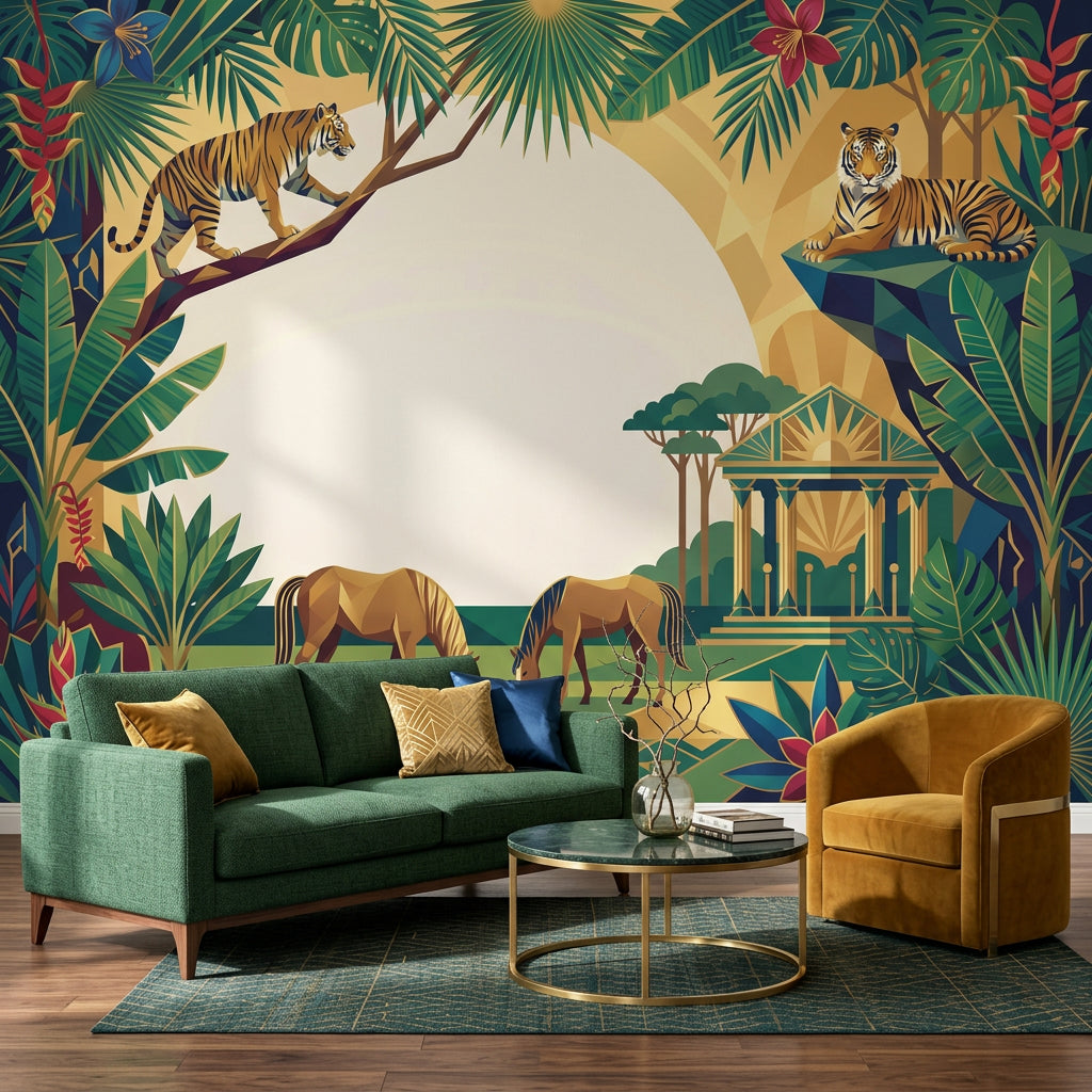 Tropical Jungle Wallpaper Art Deco Mural Tigers Removable Wall Decor