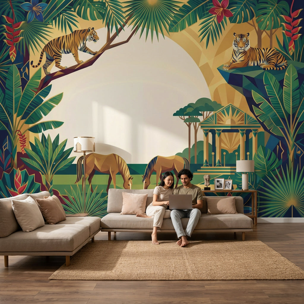 Tropical Jungle Wallpaper Art Deco Mural Tigers Removable Wall Decor