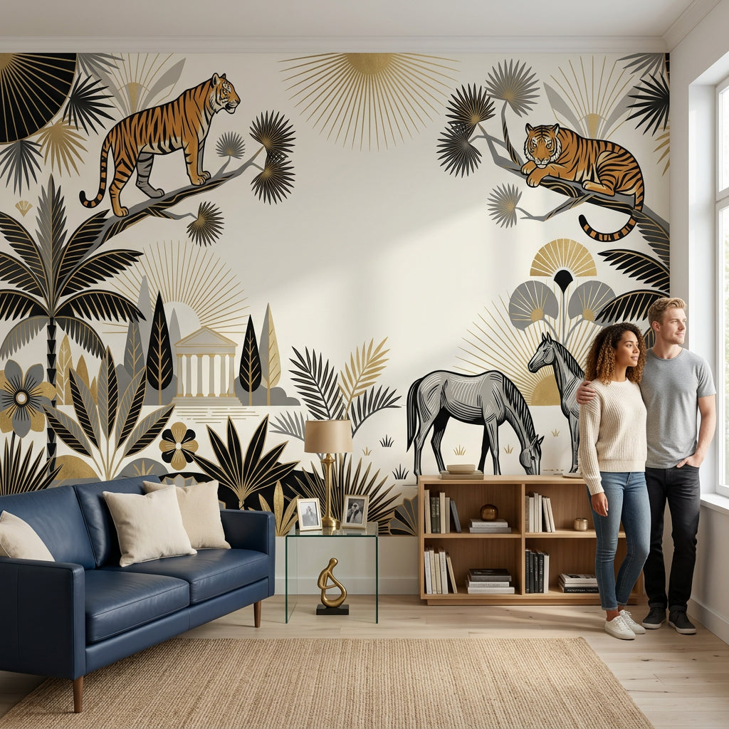 Art Deco Wallpaper Tigers Removable Tropical Palms Wall Decor