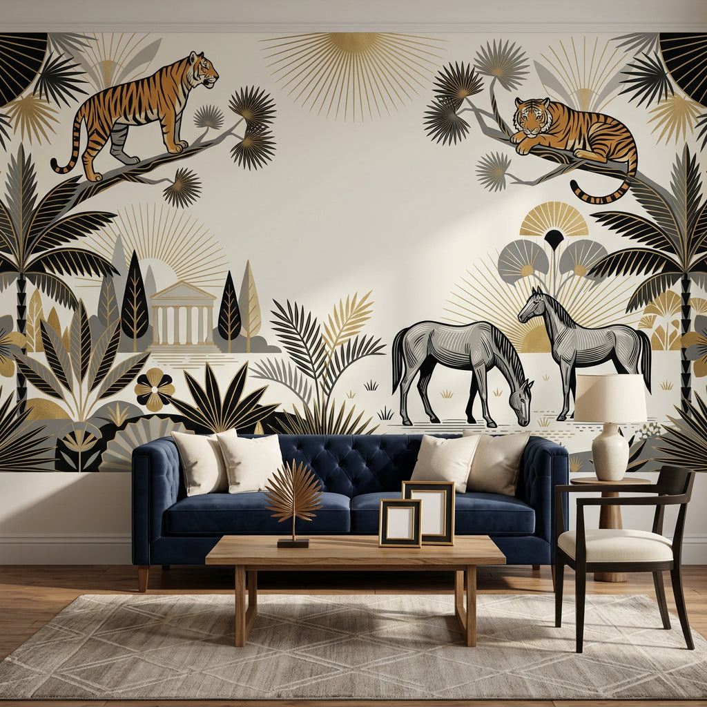 Art Deco Wallpaper Tigers Removable Tropical Palms Wall Decor