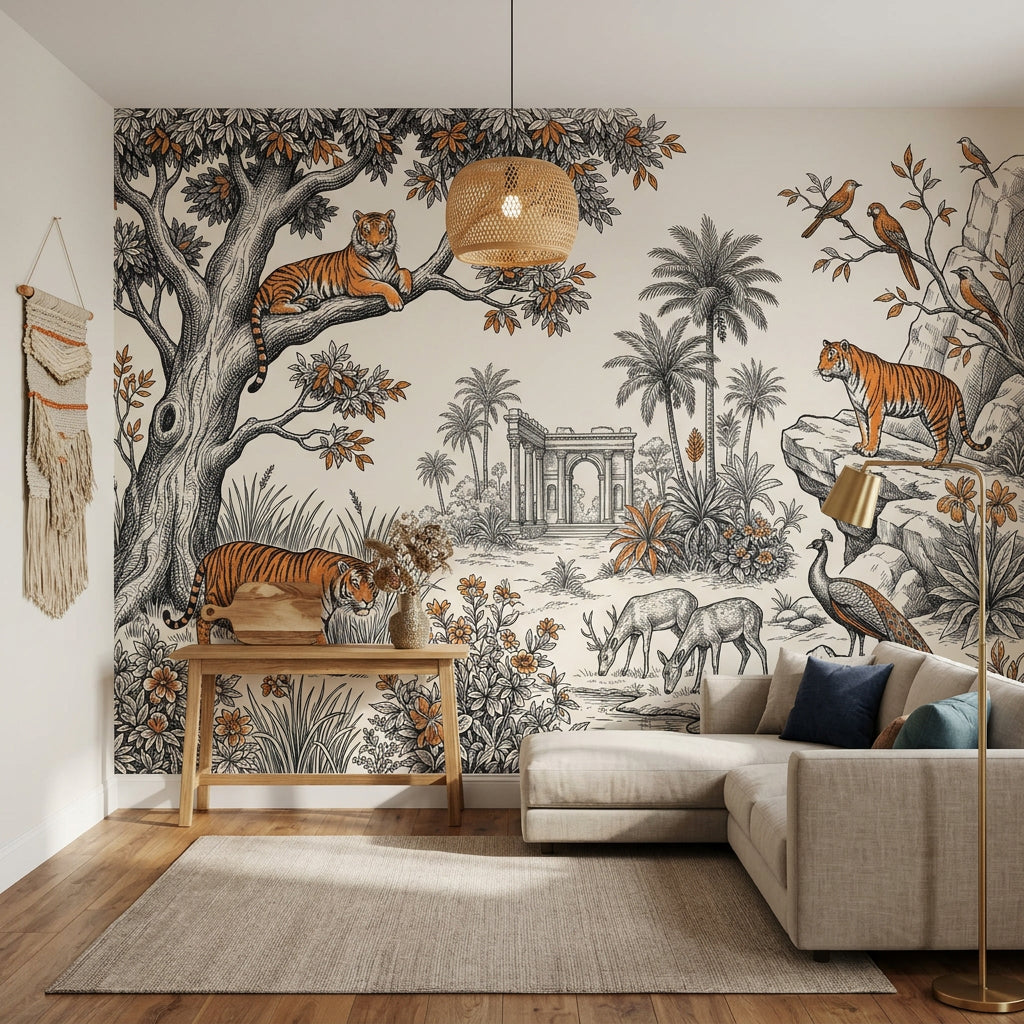 Toile Landscape Wallpaper Vintage Engraving Tigers Wall Mural