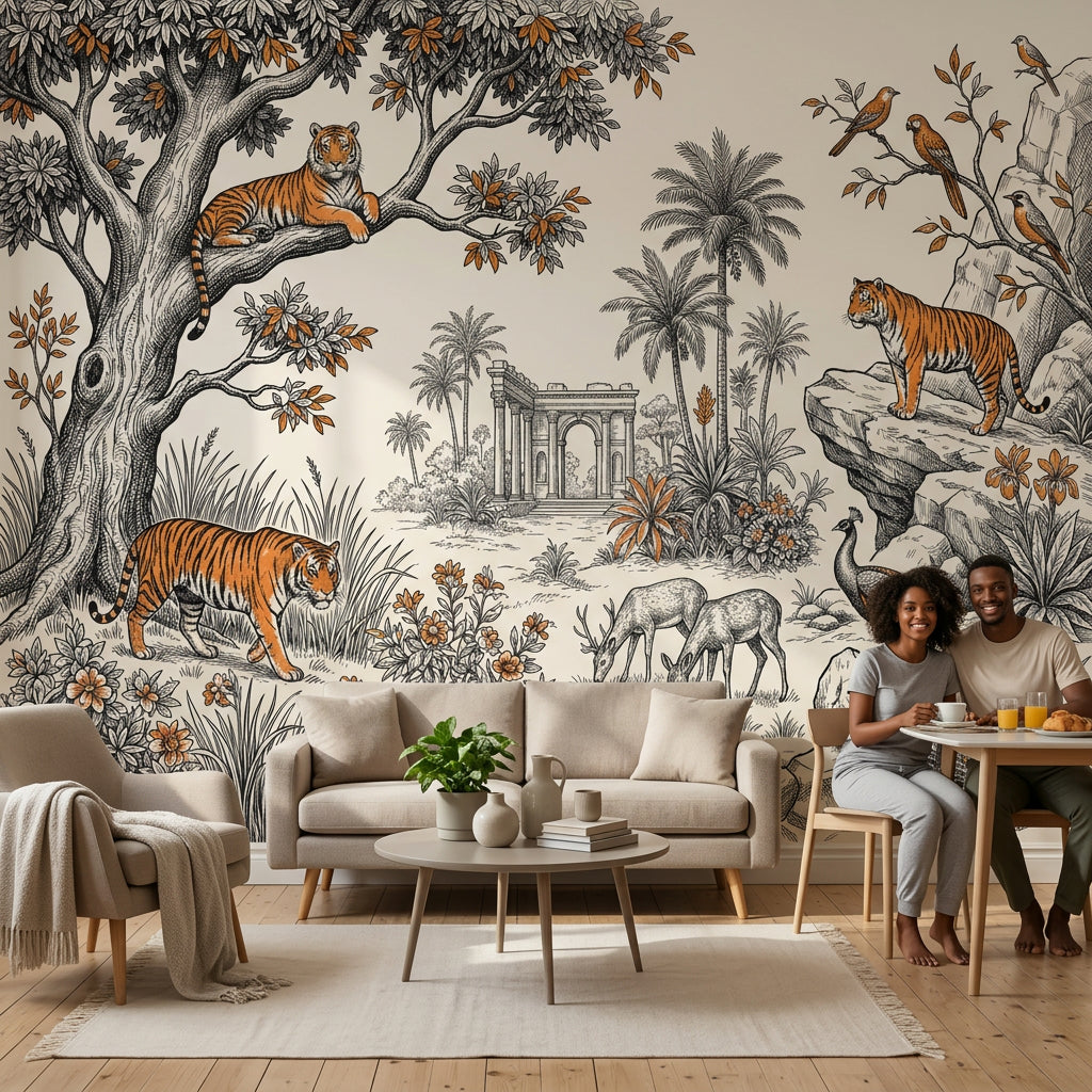 Toile Landscape Wallpaper Vintage Engraving Tigers Wall Mural