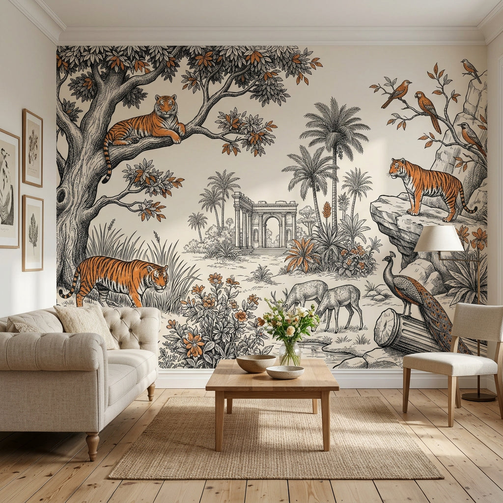 Toile Landscape Wallpaper Vintage Engraving Tigers Wall Mural