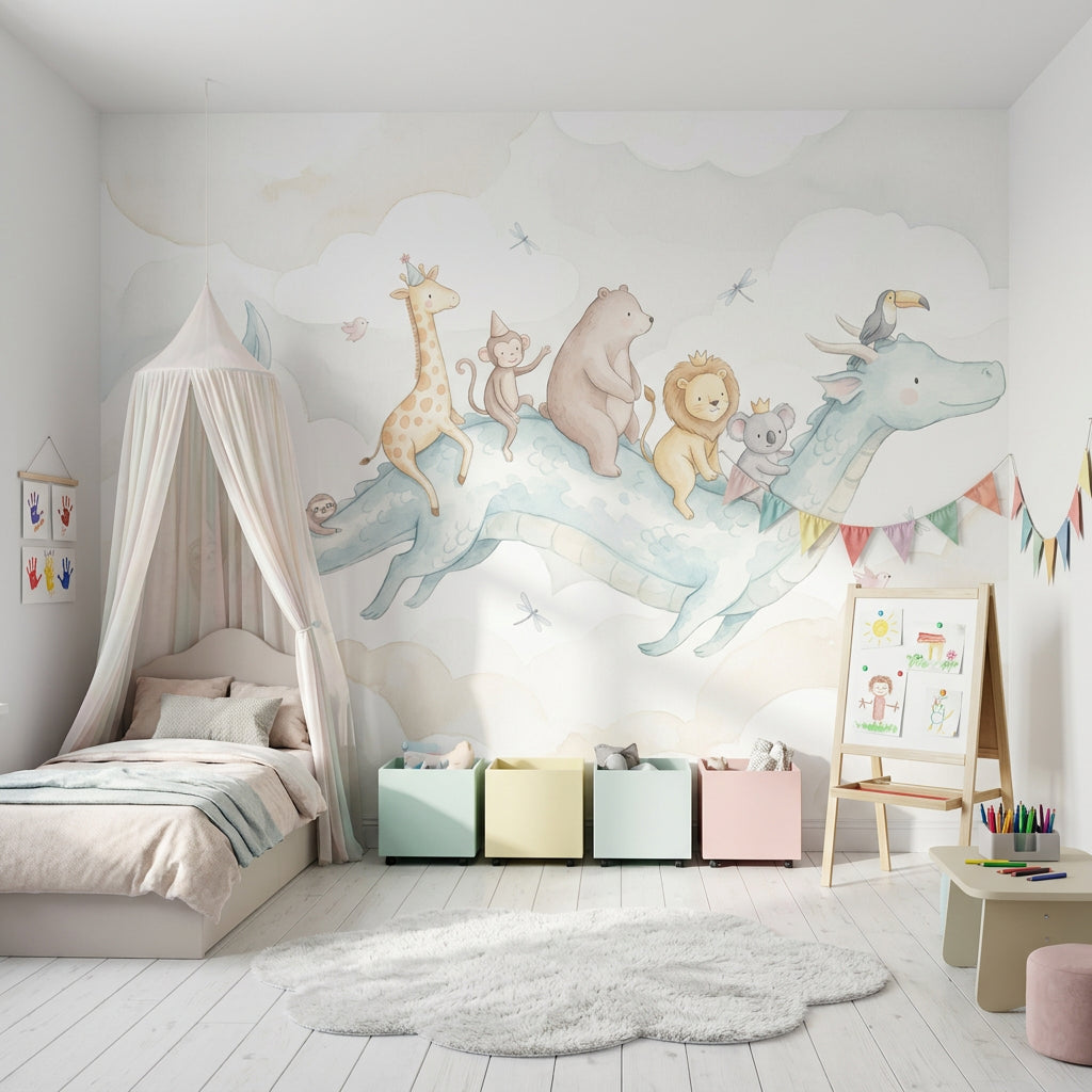 Flying Dragon Wallpaper Watercolor Removable Nursery Wall Decor