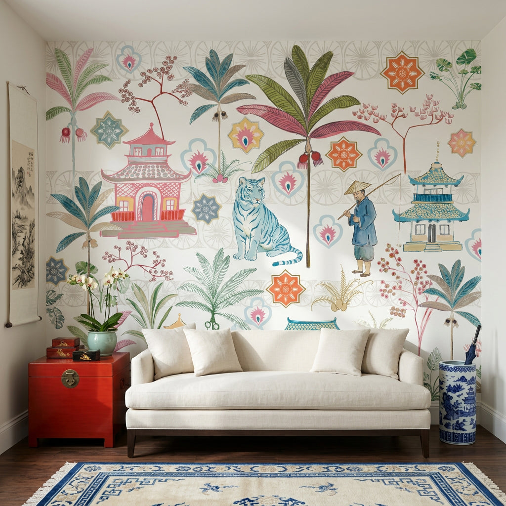 White Background Wallpaper Chinoiserie Removable Tropical Wall Decor