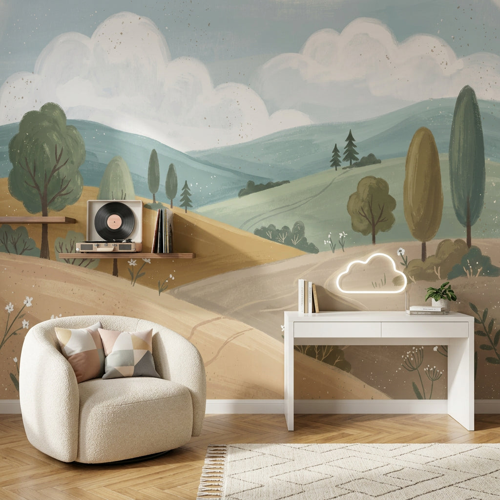 Pastoral Landscape Wallpaper Rolling Hills Removable Winding Path Wall Decor