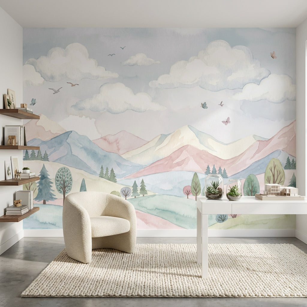 Pastel Watercolor Wallpaper Mountain Landscape Rolling Hills Wall Mural