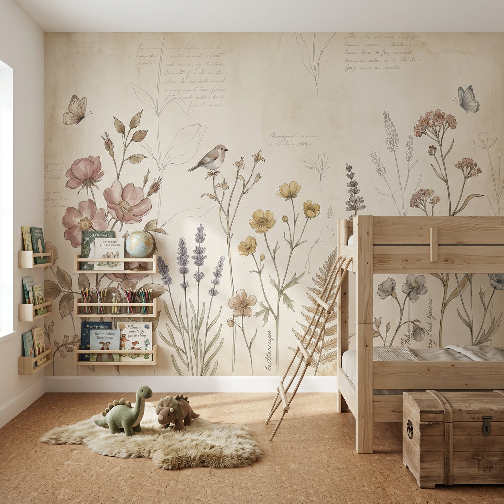 Vintage Botanical Wallpaper Wildflower Meadow Parchment Background Wall Mural