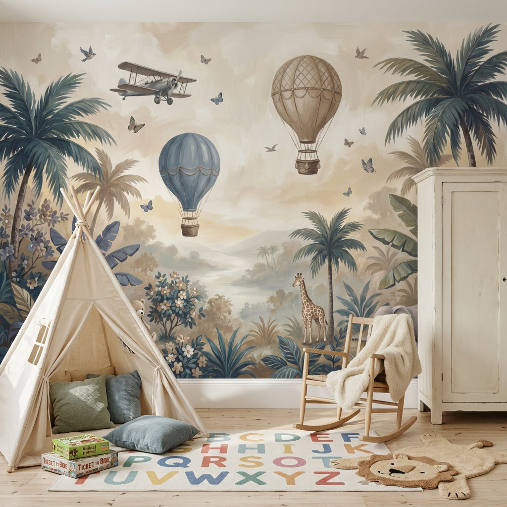 Nursery Mural Wallpaper Tropical Landscape Hot Air Balloons Wall Mural