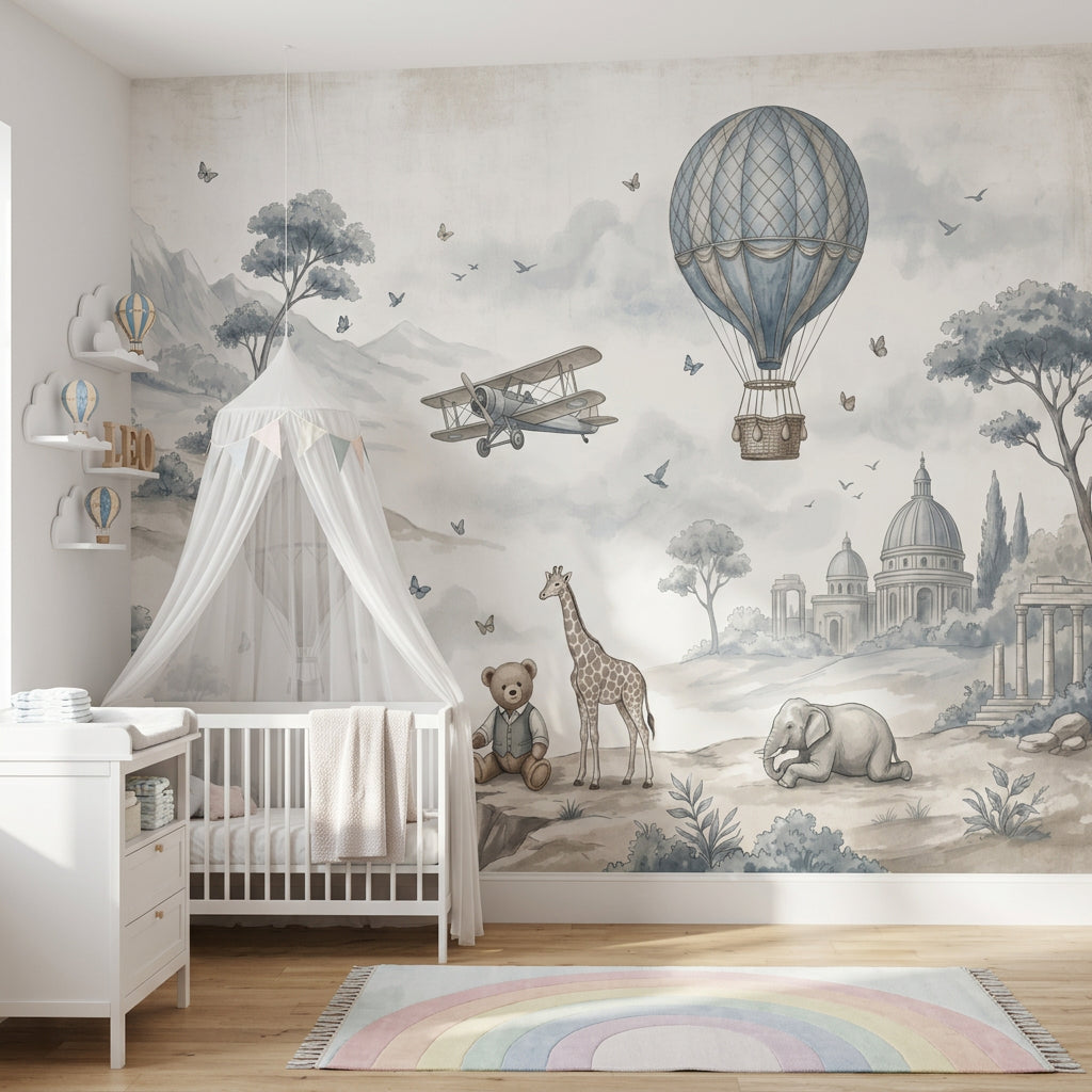 Whimsical Landscape Wallpaper Watercolor Illustration Hot Air Balloons Removable Wall Decor