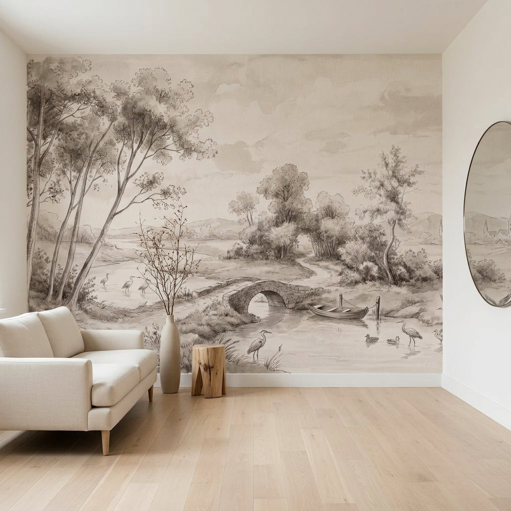 Sepia Landscape Wallpaper Toile Illustration River Scene Wall Mural