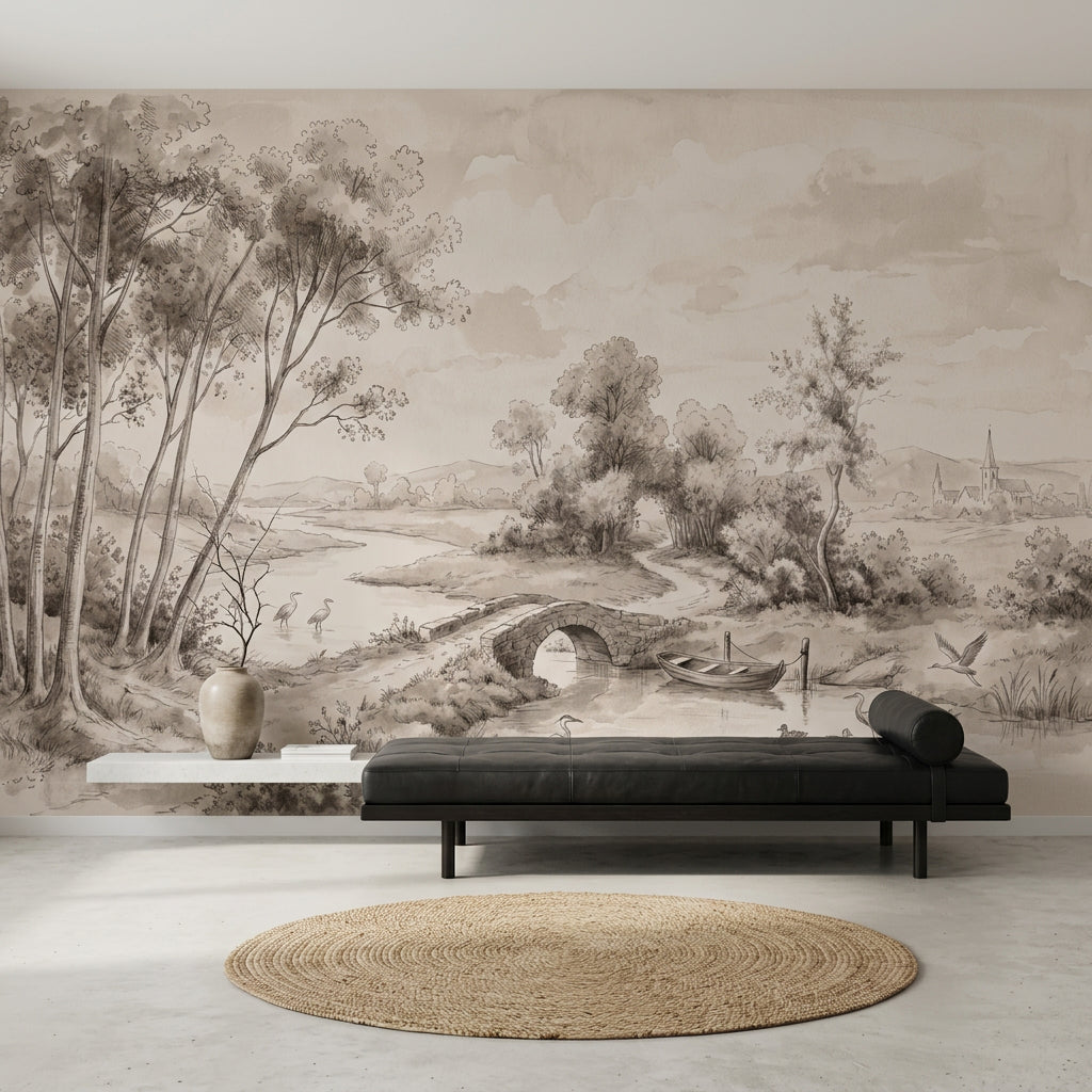 Sepia Landscape Wallpaper Toile Illustration River Scene Wall Mural