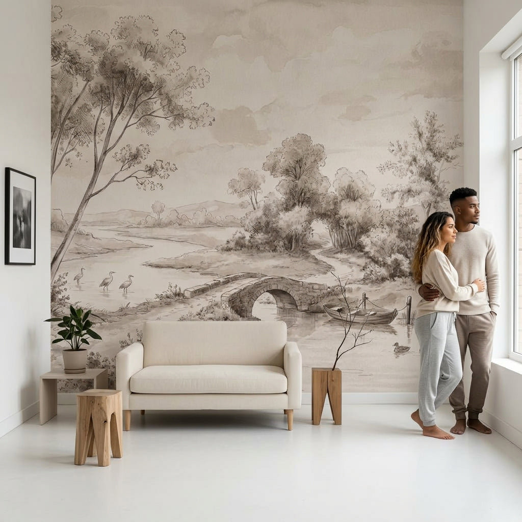 Sepia Landscape Wallpaper Toile Illustration River Scene Wall Mural