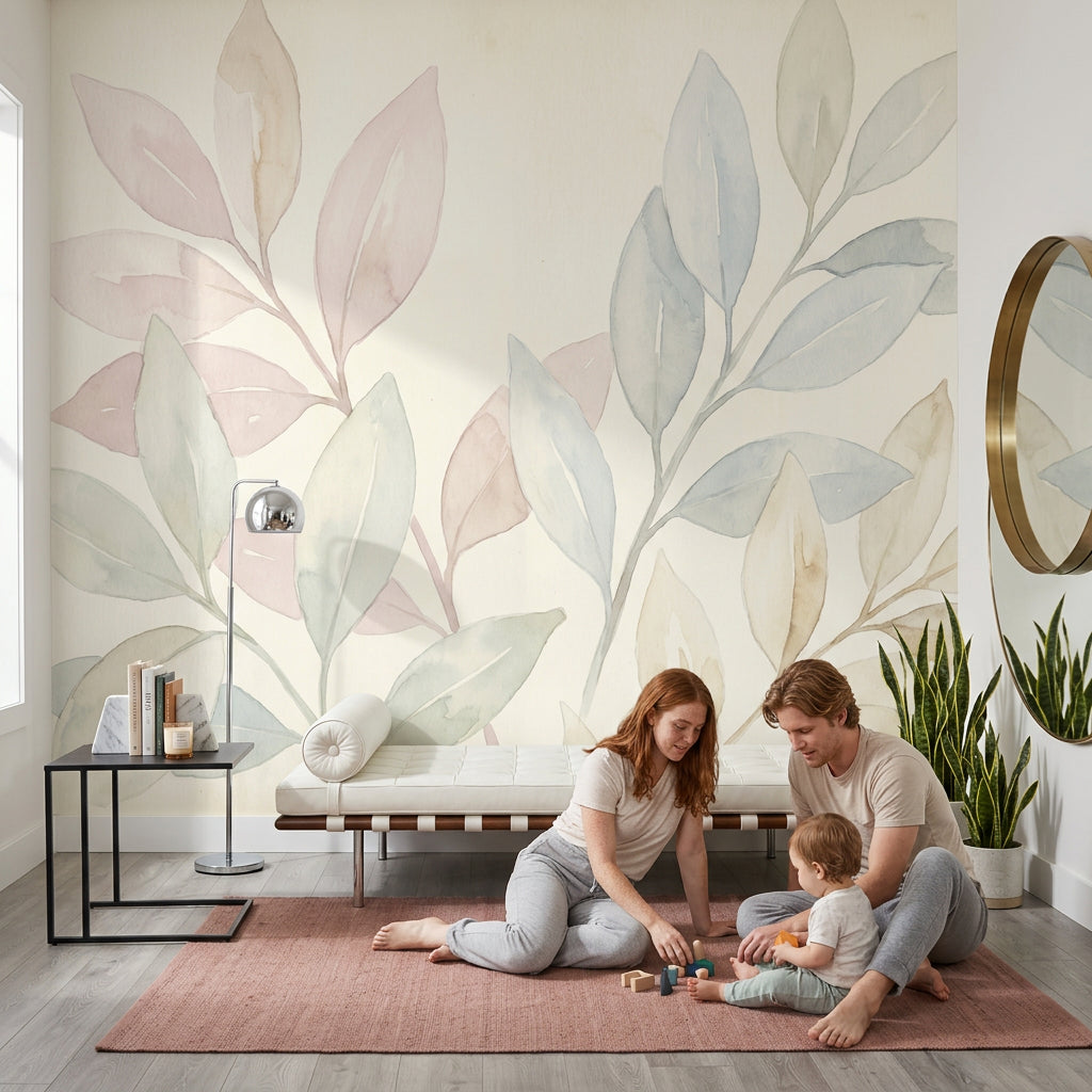 White Background Wallpaper Minimal Botanical Watercolor Removable Wall Decor