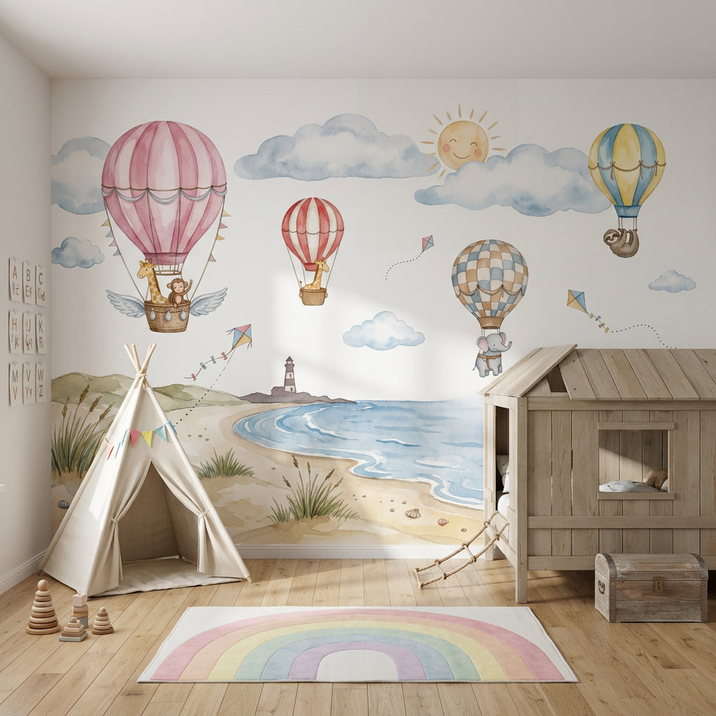 Coastal Landscape Wallpaper Watercolor Hot Air Balloons Wall Mural