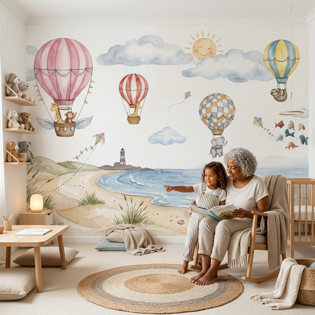 Coastal Landscape Wallpaper Watercolor Hot Air Balloons Wall Mural