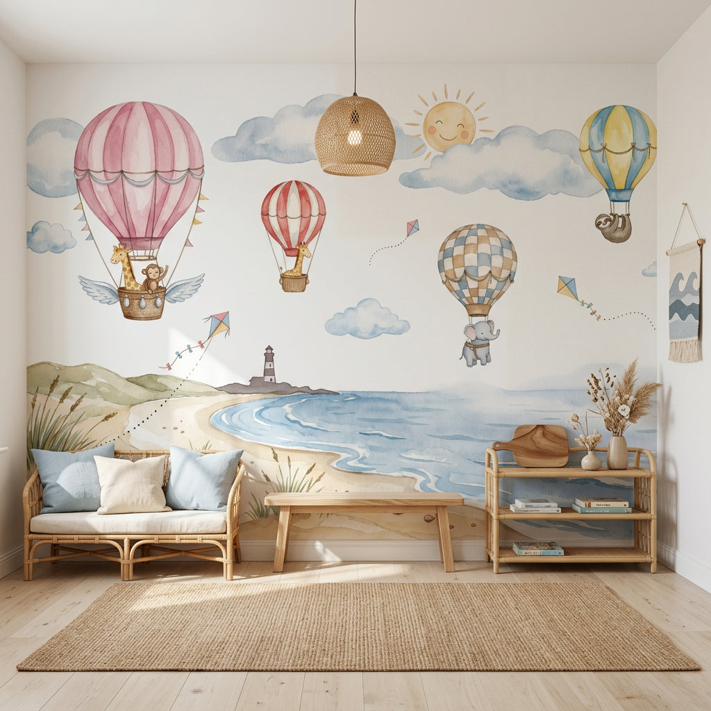 Coastal Landscape Wallpaper Watercolor Hot Air Balloons Wall Mural