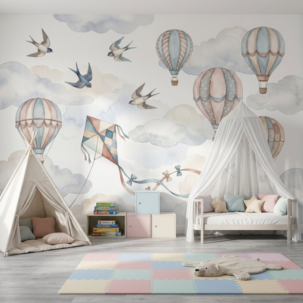 Hot Air Balloons Wallpaper Pastel Sky Removable Watercolor Clouds Wall Decor